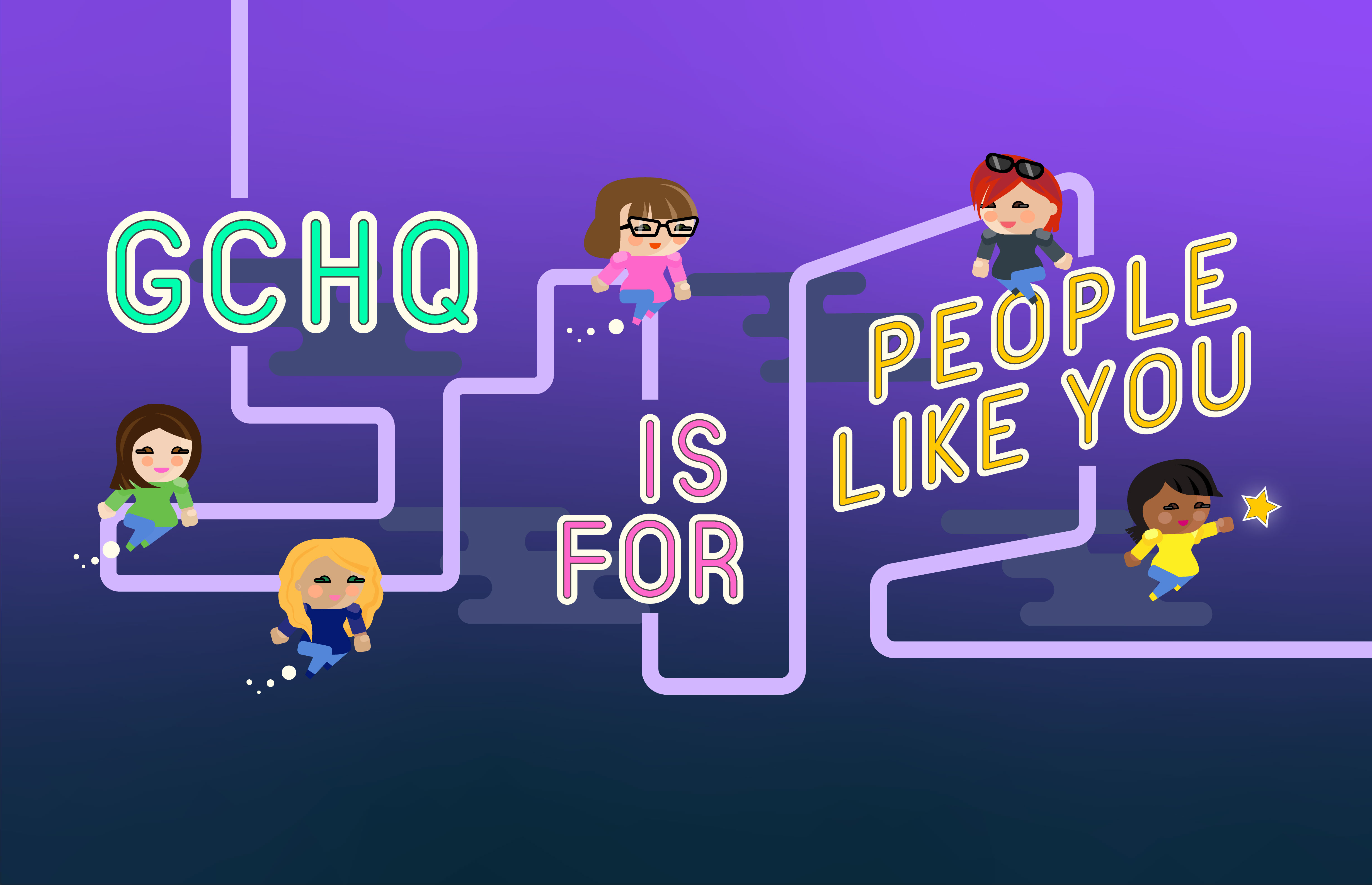 Graphic showing the words 'GCHQ is for people like you' along a timeline dotted with characters designed to represent case studies for the Journey into the Known GCHQ recruitment campaign