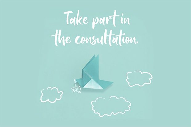 Image featuring the words 'Take part in the consultation' in white against a pale green background, above a graphic of an origami bird surrounded by clouds