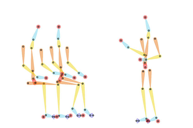 A still image from the animation framework showing the ‘bare bones’ of the character rigging used to animate the action of movement in areas such as arms, legs and walking so our characters could go about their smarter working day. The rigging is comprised of different coloured sticks connected by dots that represent limbs and joints the limbs and joints of three humanoid shapes, two sitting and one standing. The sticks and dots can be manipulated to portray movement when illustrative graphics are overlaid