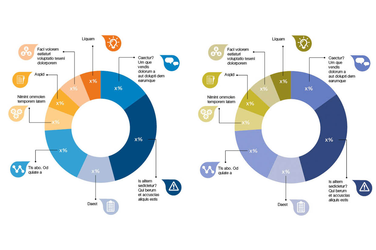 A split screen example of a pie chart style created by Design102 with percentages in figures displayed over segments in 4 different shades of orange and 4 different shades of blue. A range of illustrated icons including a lightbulb, speech bubble, warning triangle with exclamation mark, clipboard, three cogs, a notepad and three avatar style heads displayed against three white connected pods, are set against background bubbles in colours matching the relevant segments of the pie chart. The icons are linked by black key lines to the corresponding coloured segment of the pie chart. There are clear colour definitions between segments. The same image on the right is colour corrected to display how a person with Protanopia type colour blindness may view it to give a clear comparison of how the colours are distinguishable and that the data is clearly recognisable and differentiated despite the loss in colour saturation. The text displayed is lorem ipsum.