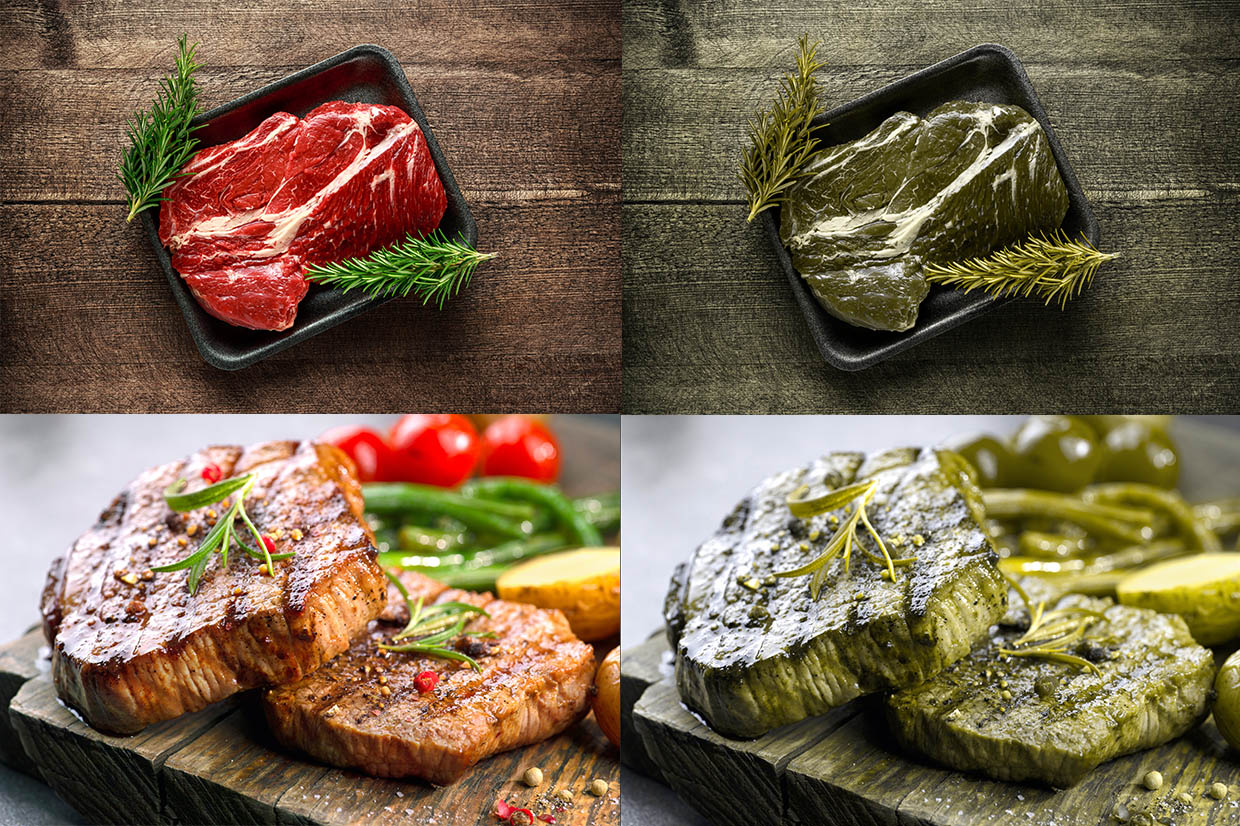 Divided into four equal segments. The top left segment shows a red coloured raw steak edged by green garnish, in a black dish on a wooden worktop. The segment below shows two stacked slices of brown cooked steak, topped with green garnish and served on a wooden platter. These two images are repeated on the right but have been colour corrected to display how a person with Protanopia type colour blindness may view them on the right. The images are very similar in colour resemblance and both appear green. This offers a clear comparison of how indistinguishable particular colours can become and subsequently, how difficult it could be for a person with Protanopia type colour blindness to tell if a steak is cooked or raw simply by looking at it.