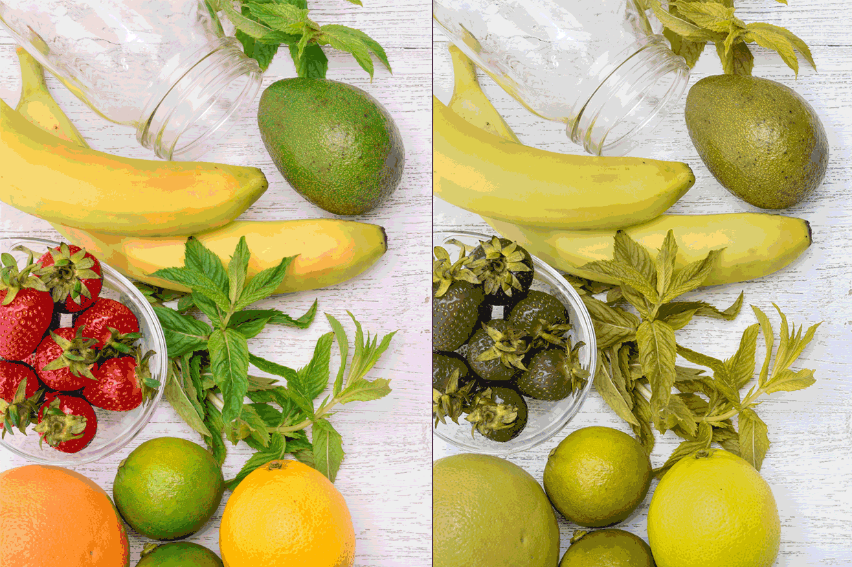 A rotating gif with three slides. Each slide features the same image displayed twice side by side as a split screen but in two colour variants. In the first slide, the left half of the image shows scattered fruit including a few green limes, yellow bananas, yellow lemons and a bowl of red strawberries. The same image on the right is colour corrected to display how a person with Protanopia type colour blindness may view it to give a clear comparison of how indistinguishable particular colours and therefore types of fruit can become. The second slide shows a segment of the London Tube map including some of the green and yellow District and Circle line, brown Bakerloo line, black Northern line, grey Jubilee line, and the stations Westminster, Charing Cross, Waterloo and Waterloo East, Embankment, Southwark, Temple, and Lambeth North. The same image on the right is colour corrected to display how a person with Protanopia type colour blindness may view it to give a clear comparison of how indistinguishable particular colours and therefore tube routes can become. The third image shows various football players on a pitch facing a goal. Four players wear blue, three players wear red against a background of green grass. The same image on the right is colour corrected to display how a person with Protanopia type colour blindness may view it to give a clear comparison of how indistinguishable particular colours and therefore football kits and backgrounds can become.