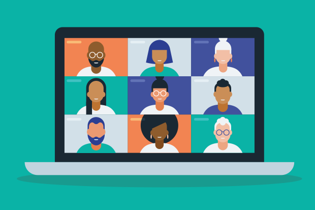 Illustration of a laptop showing a nine square video call mock up with nine generic silhouettes of people from a range of races and age groups