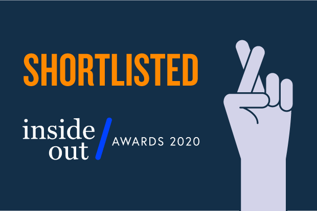 Text reads ‘Shortlisted. Inside Out Awards 2020’ alongside a simple cartoon illustration of a hand with fingers crossed. The image uses Design102 brand colours – navy blue, a lighter blue tint and orange