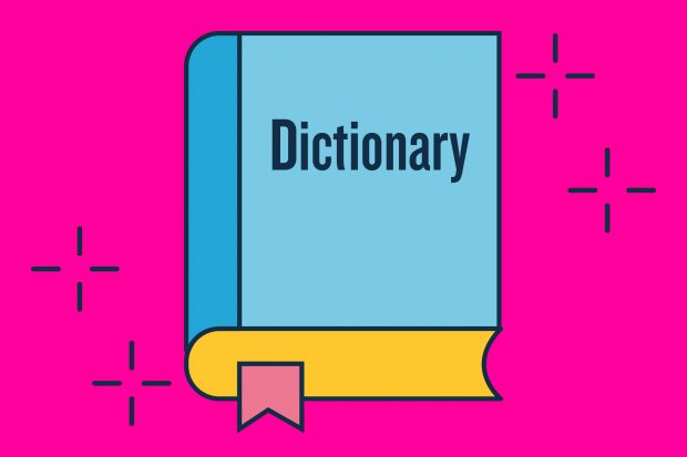 Illustration of a closed dictionary. There are several sparkles surrounding it and a bookmark is poking out of the bottom of the pages