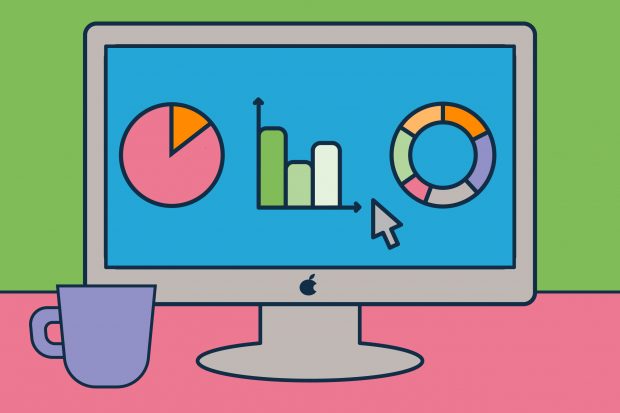 Illustrated image of an Apple mac screen showing a variety of colourful pie charts and bar graphs. This is an illustration and doesn’t represent any real data.