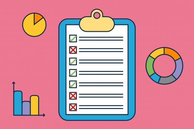 Illustrated image of a clipboard surrounded by bar charts and pie charts. No data or text is visible. Some of the list items on the clipboard have a red cross next to them, and others have a green tick.