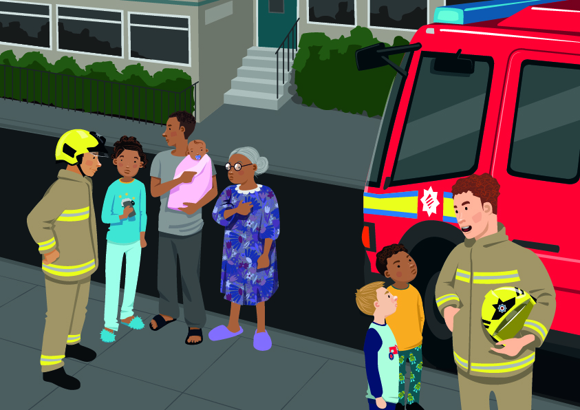 An illustration of a fire engine parked on a street, with two firefighters in the foreground talking to members of the public. One firefighter is talking to a family – a child in pyjamas and slippers, an adult man holding a baby and an elderly woman, who is also in slippers. The other firefighter is talking to two boys. Everyone’s facial expressions look serious or worried.