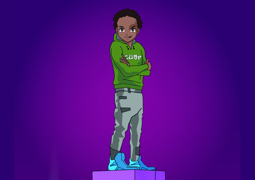 An illustration of a teenage boy staring confidently at the viewer, with his arms folded. He has dark brown skin and dark curly hair and wears a green hoodie with the text ‘CUSP’ across the chest. He’s standing on a platform against a vibrant purple background.