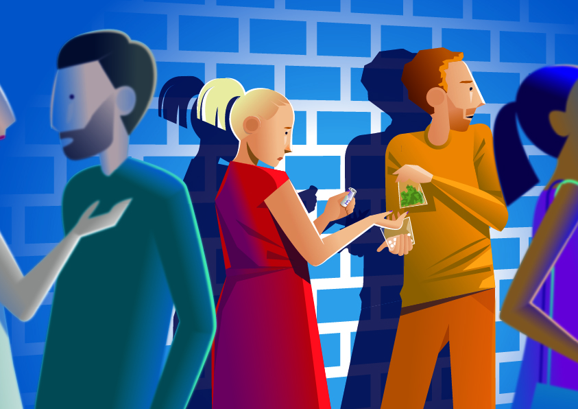 An illustration showing a woman in a red dress buying drugs off a man at a party. The man is looking over his shoulder suspiciously. There is an ‘in-focus’ effect, where the two main characters are clear but the people surrounding them look slightly blurry.
