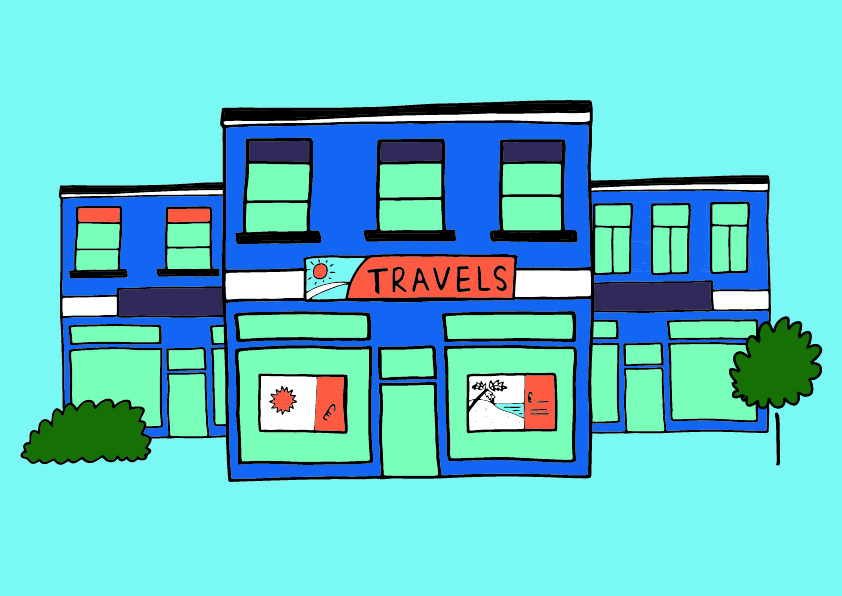 A line-drawing illustration of a travel agents. The building is dark blue, with a bright orange sign over the door that reads ‘Travels’. The background is light blue.