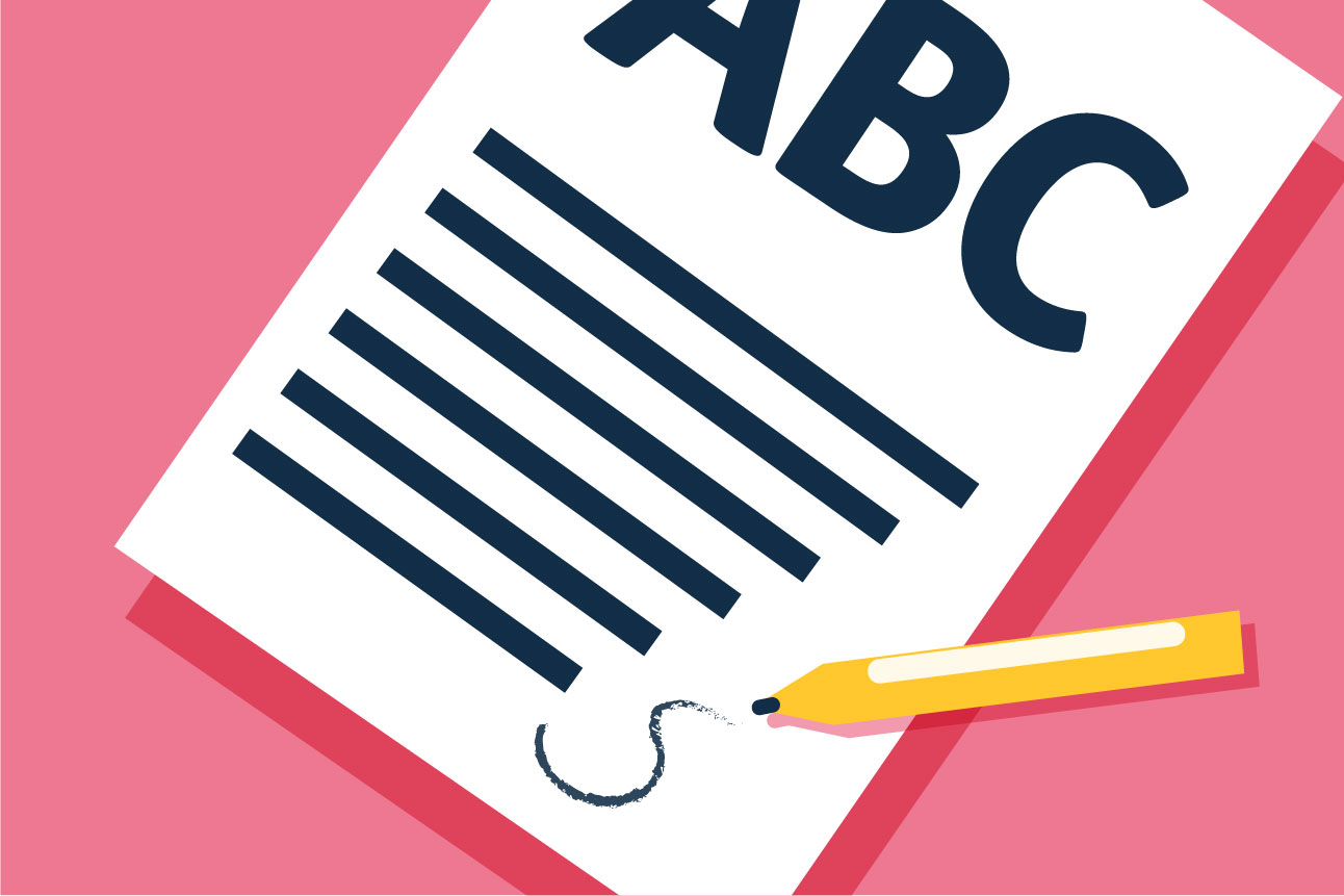 Illustration of the letters ABC on a blank piece of paper, on a pink background. 