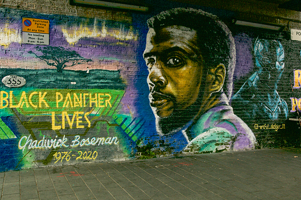 Mural painted on a brick wall at street level. It depicts the actor Chadwick Boseman looking at the viewer, alongside the words ‘Black Panther lives, Chadwick Boseman, 1976 to 2020’.