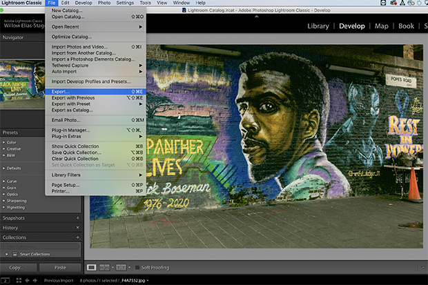 The photograph of the Chadwick Boseman mural appears in the program Adobe Lightroom. A drop-down box has the word ‘Export’ highlighted.