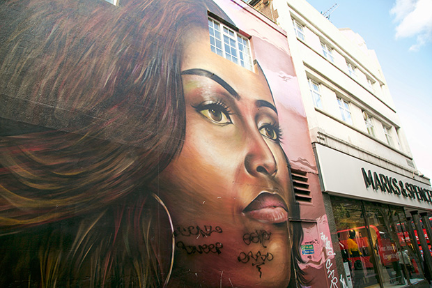 Mural painted on the side of a building. The mural depicts Michelle Obama’s face up close. She looks into the distance with a firm expression.