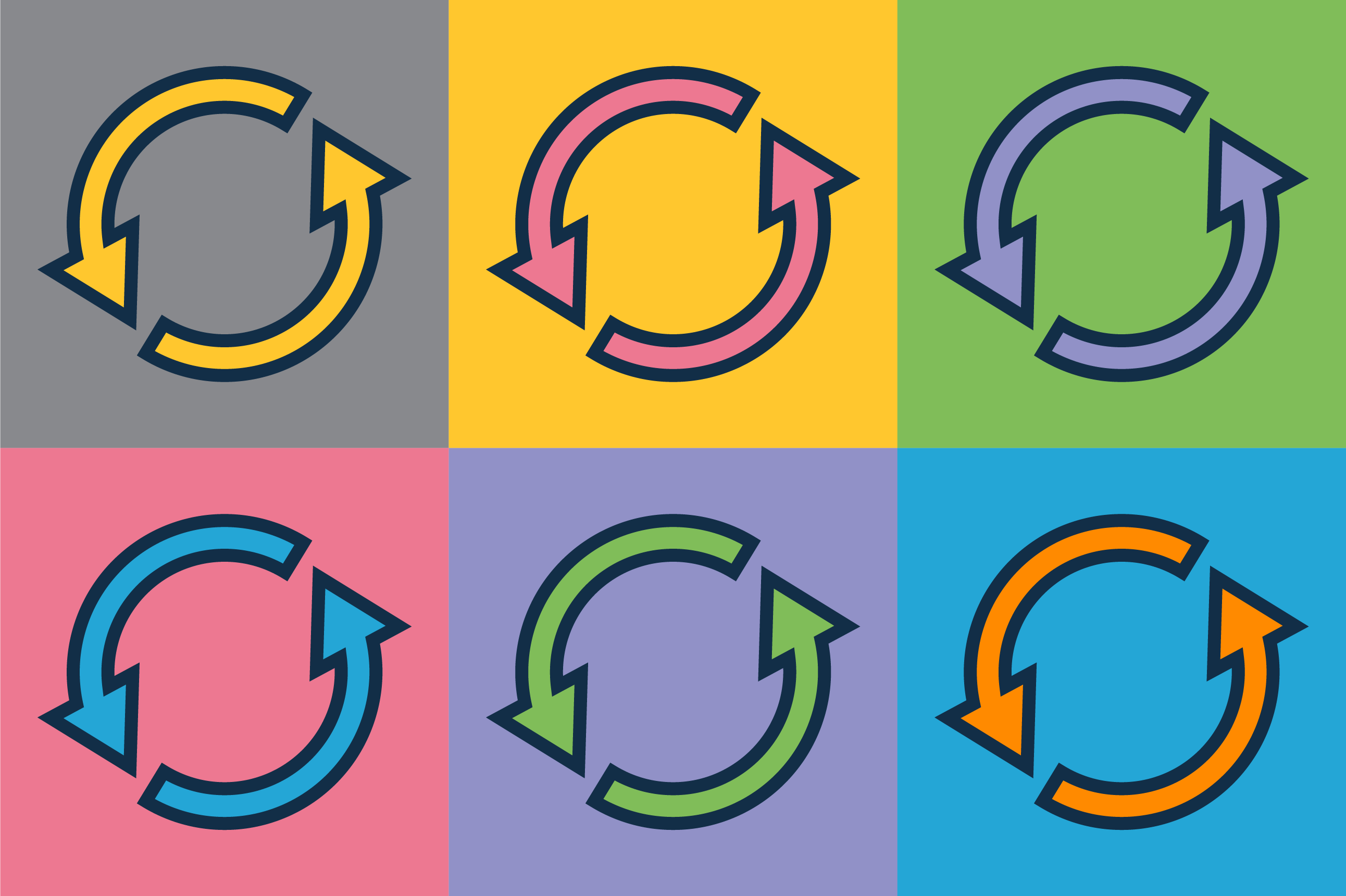 6 multi-coloured arrows forming circular shapes