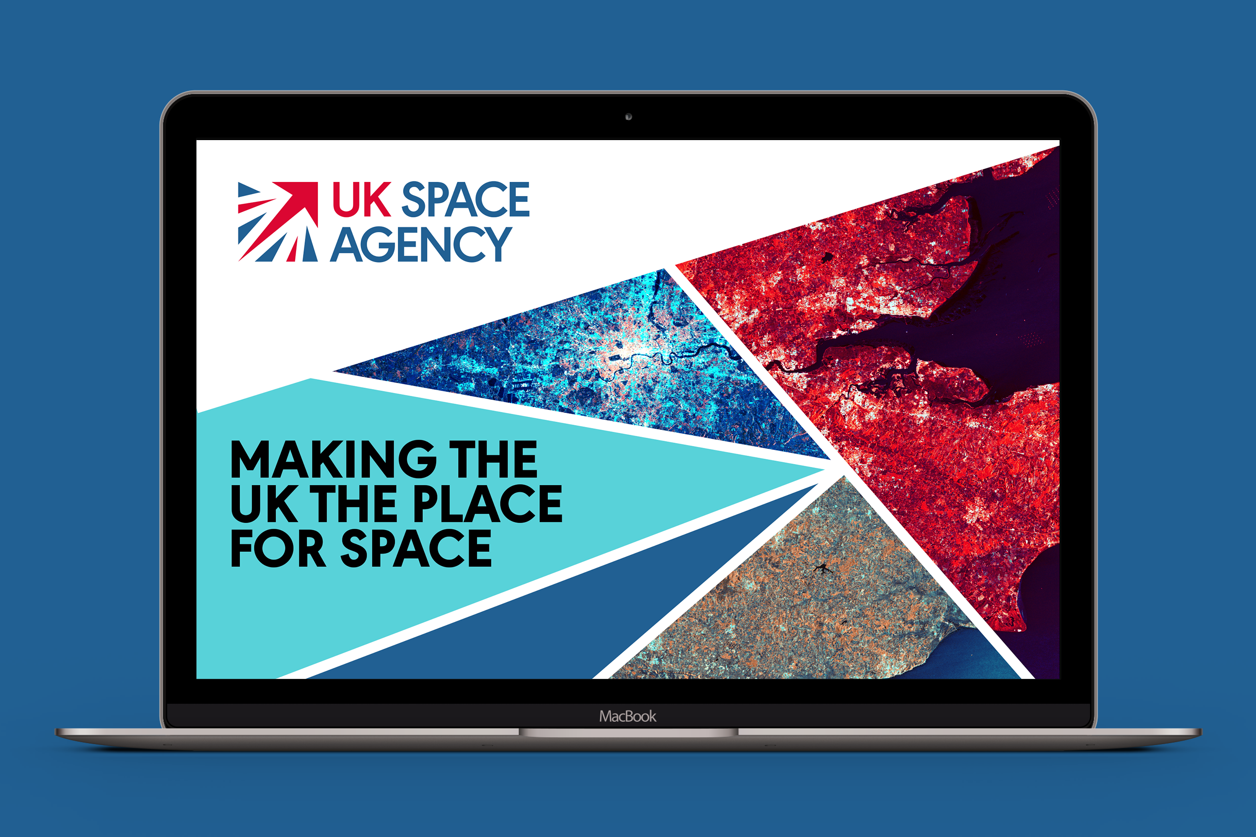 Computer screen with UK Space AGency logo and geometric satellite images of earth, and written text stating: Making the UK the place for space