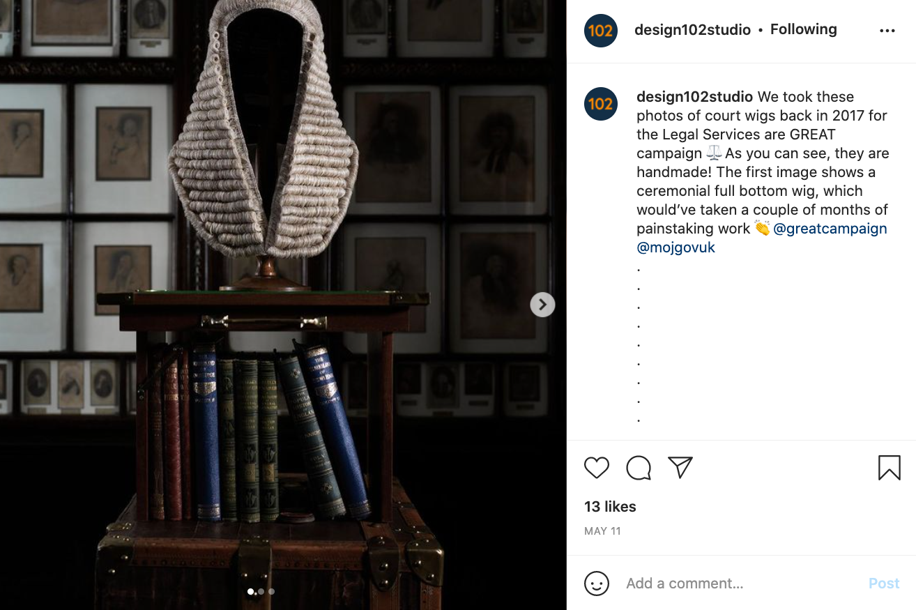 Example of Instagram post with a comment that describes the image: Design102Studio - we took these photos of court wigs back in 2017 for the Legal Services are GREAT campaign. They are handmade! The first image shows a ceremonial full bottom wig, which would've taken a couple of months of painstaking work.