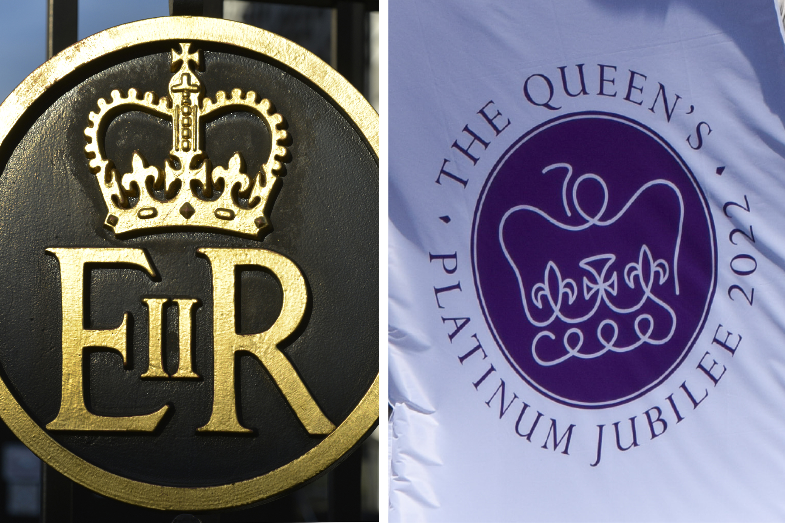 Side-by-side comparison of two crown images. A close up photo of the Royal Crest on the Tower of London gates. The old style Royal Crest features a gold circle filled with a black centre, on which a gold crown and the letters E R II are embossed. The comparison image focusses on the centre of a Platinum Jubilee banner. A modern, single line platinum crown is drawn against a royal purple background.
