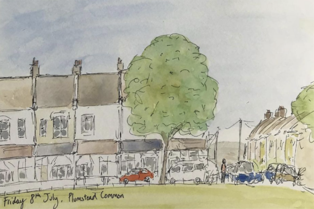 Watercolour and pen sketch of Plumstead Common on Friday 8 July 2022 by Design102 team member Rob Thom