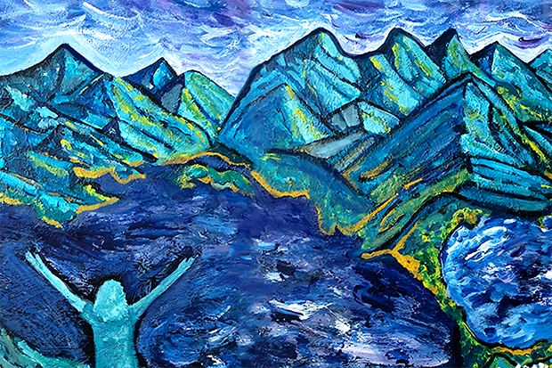 Abstract acrylic on canvas, a person with arms raised overlooking a lake and mountains