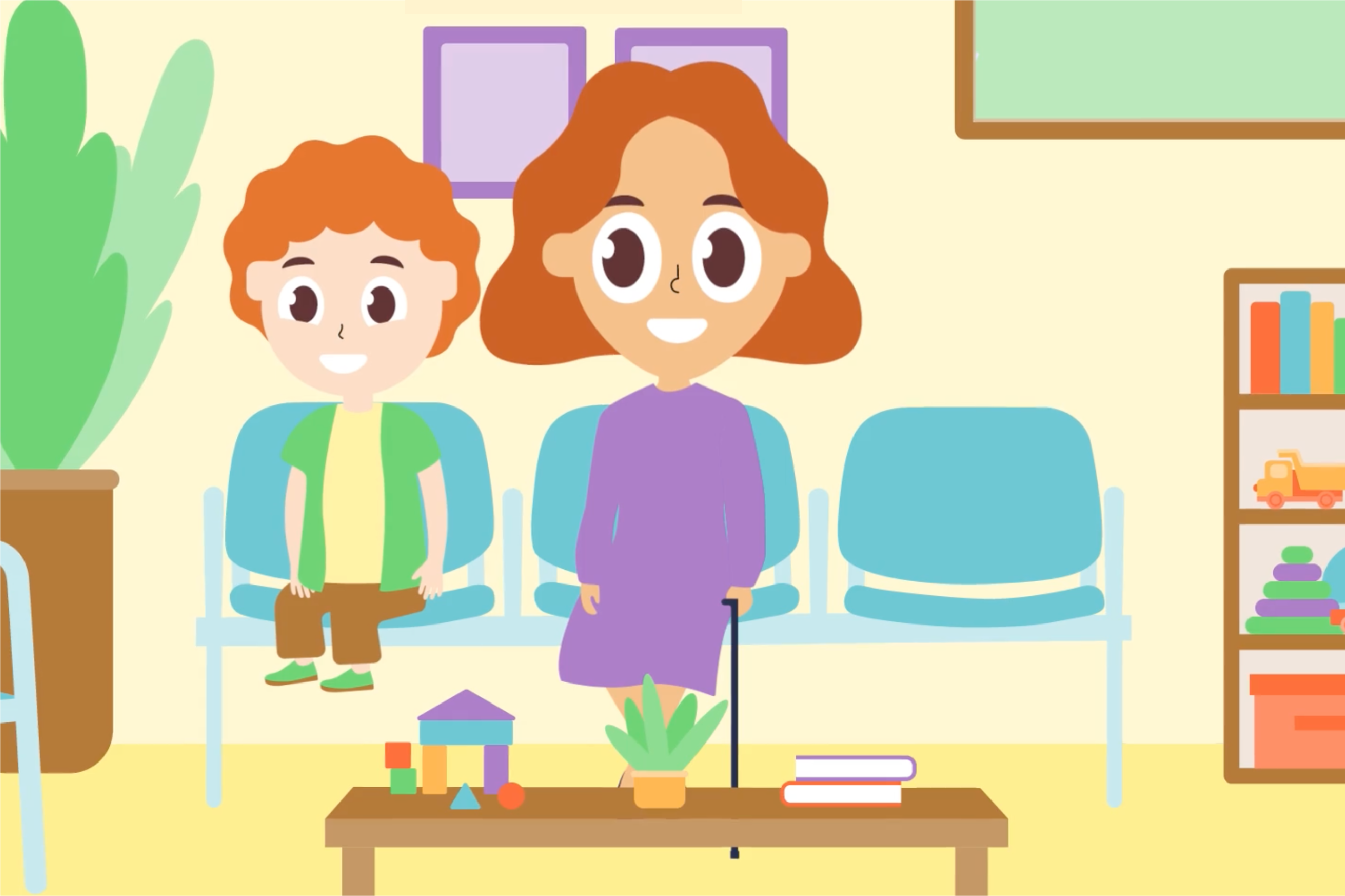 A colourful and simple illustration of a woman and child with large eyes sitting on chairs in a waiting room surrounded by toys and books