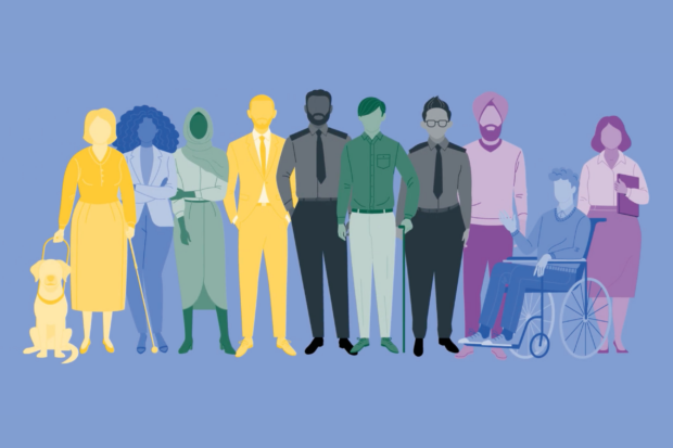 Illustrated silhouette in generic pastel colours featuring a diverse group of 10 adults. The silhouettes suggest a range of characteristics including race, religion, gender, and disability (woman with guide dog and mobility stick, woman with afro-textured hair, woman wearing headscarf or hijab, man in business suit, man with beard in uniform, person with walking stick, man in uniform with glasses, man wearing turban, person in wheelchair, woman in smart-casual workwear
