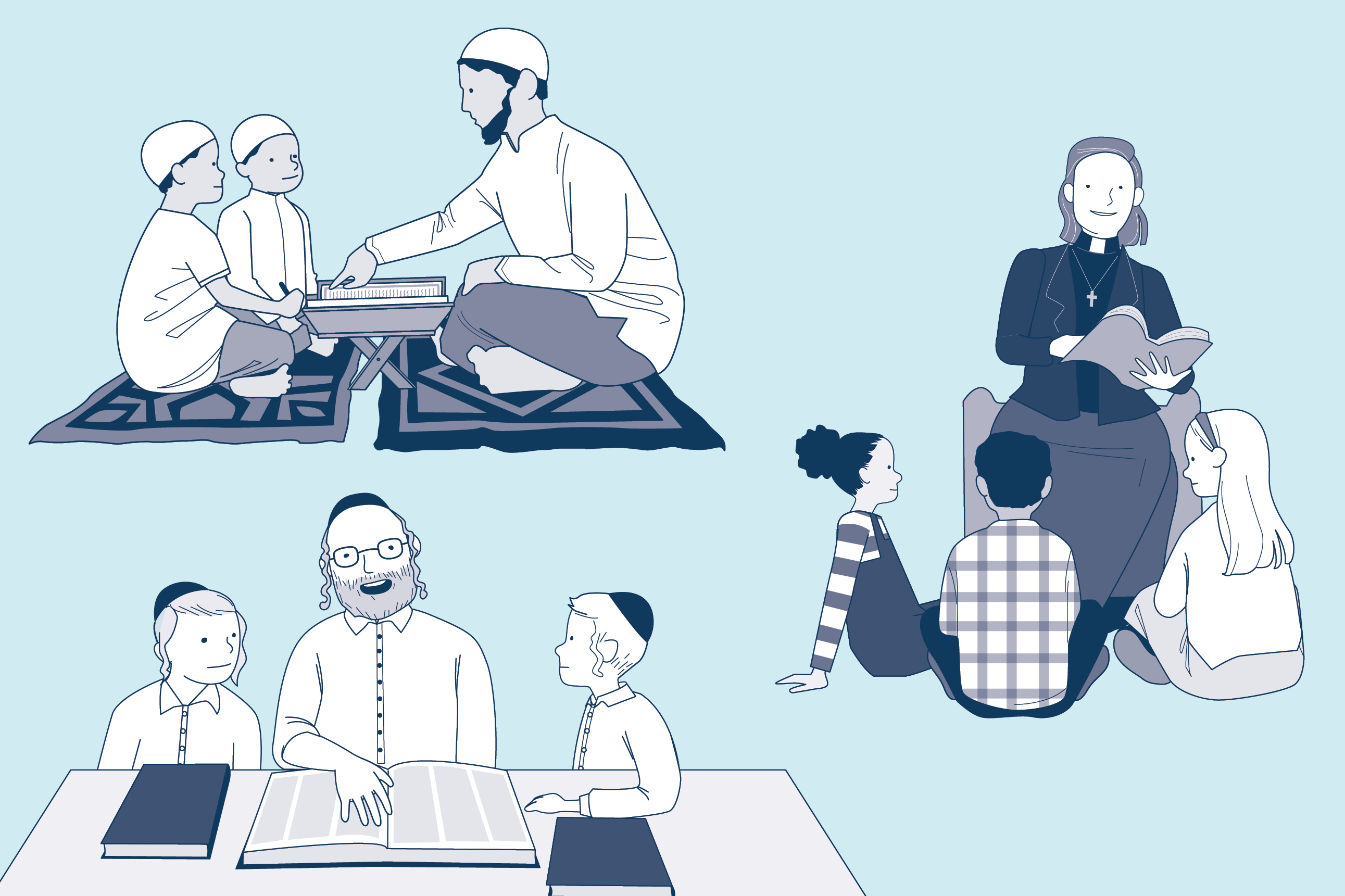 Three religion based illustrations of adults teaching children. 1. All wearing thobes and sufis, a muslim man and two young boys sit on prayer mats either side of a Qur’an on a stand. The man is pointing to text in the book, suggestive of teaching. 2. All wearing kippah and with payot, a jewish man and two young boys sit at a table. An open book on the table is suggestive of the Torah. The man is singing and pointing to the book, suggestive of teaching. 3. A christian woman wearing a clerical collar and cross necklace sits on a chair, reading from an open book. Three young children, two girls and a boy, sit on the floor in front of her attentively.