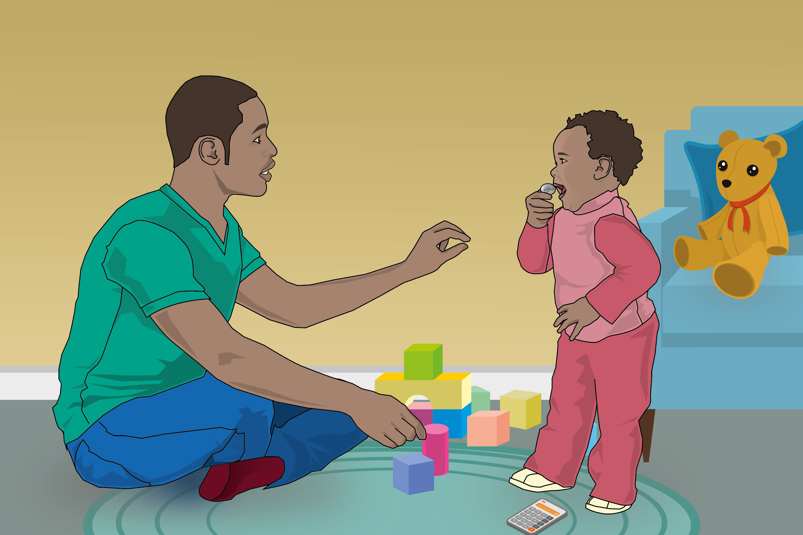 Illustration of a children’s playroom with toys including building blocks and a teddy bear. A father sits on the floor, opposite a standing toddler with a button battery lifted to its mouth. A calculator is at the child’s feet. The father looks surprised and is reaching across towards the child and battery.
