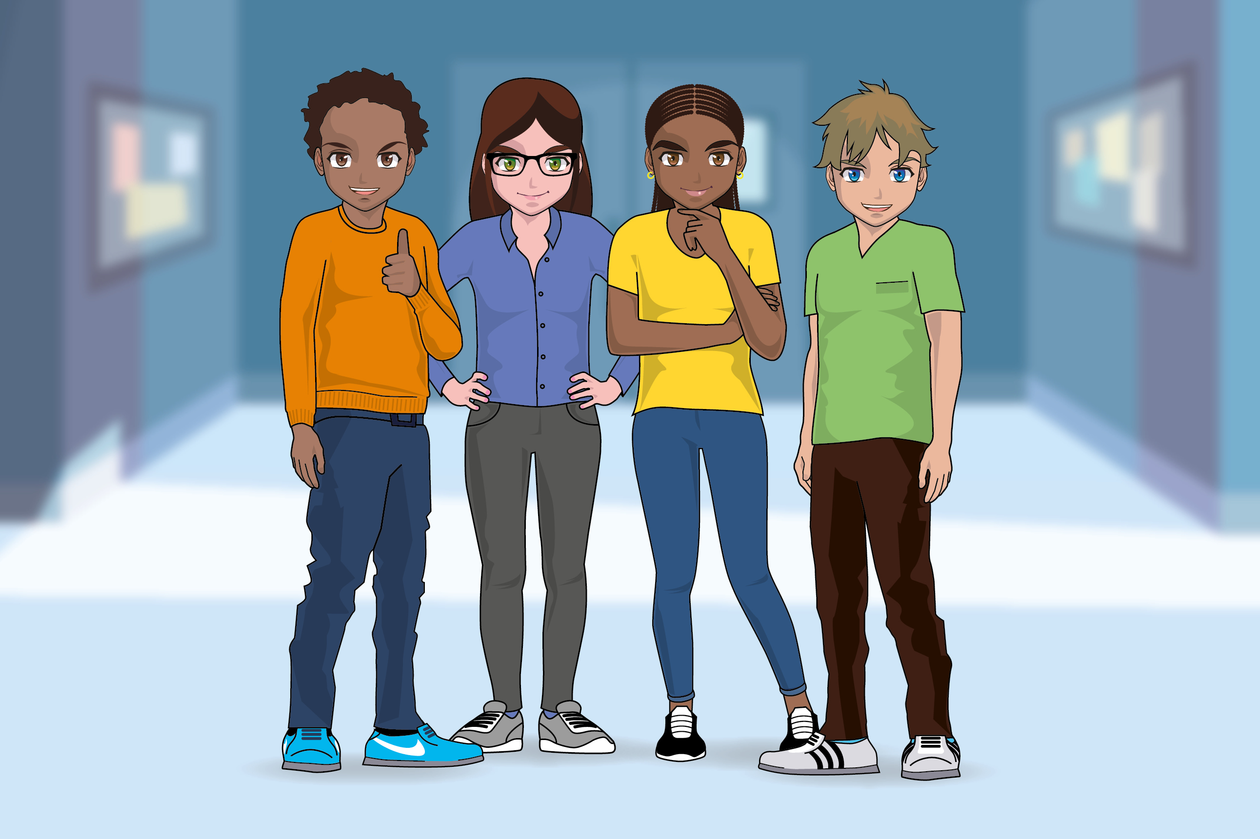 Illustration of four teenage children dressed in jeans and casual tops, including a black boy with short afro-texture hair, a white girl with long brown hair and glasses, a black girl with braided hair, and a white boy with blonde hair.