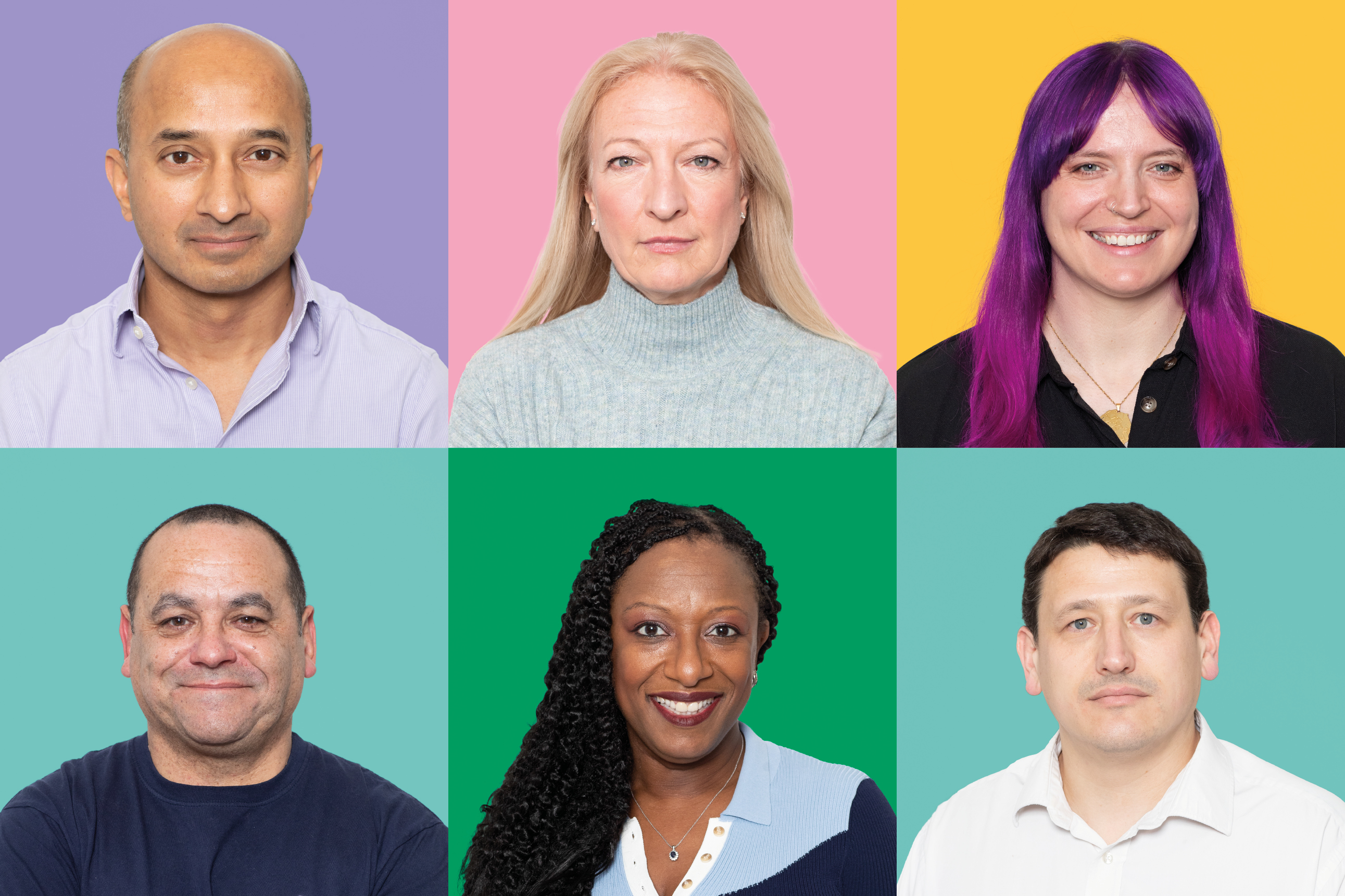 6 diverse headshot photos of adults including three men and three women of various ages and races.