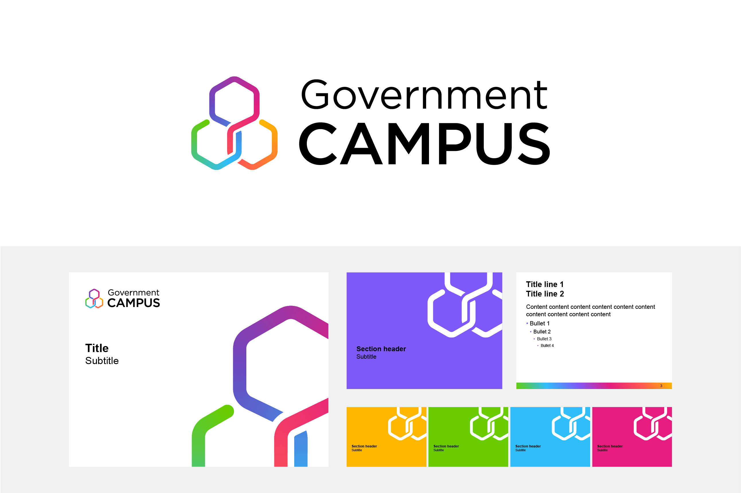 Government Campus logo and examples of logo in use on document template covers