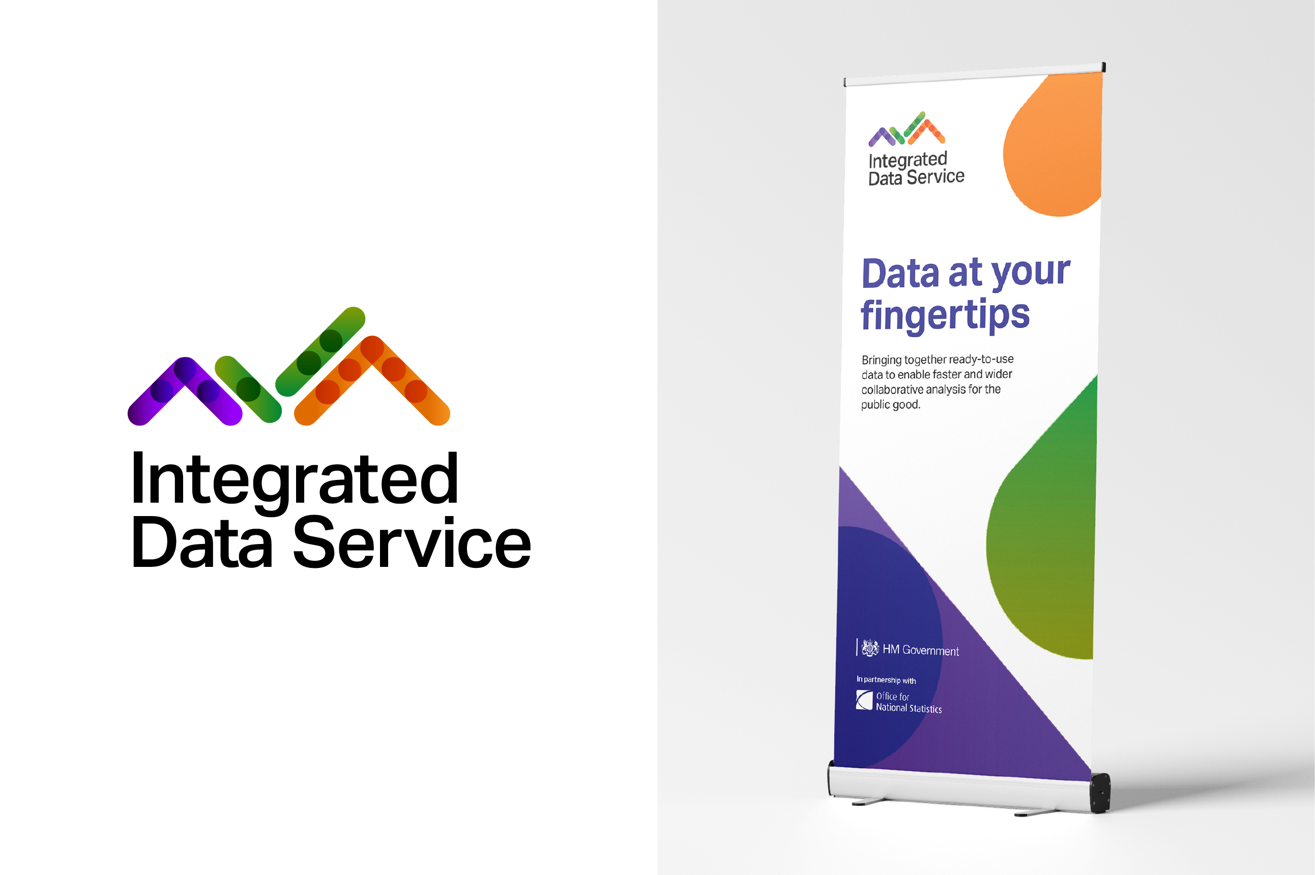 Integrated Data Service logo and example of logo in use on a pull up banner