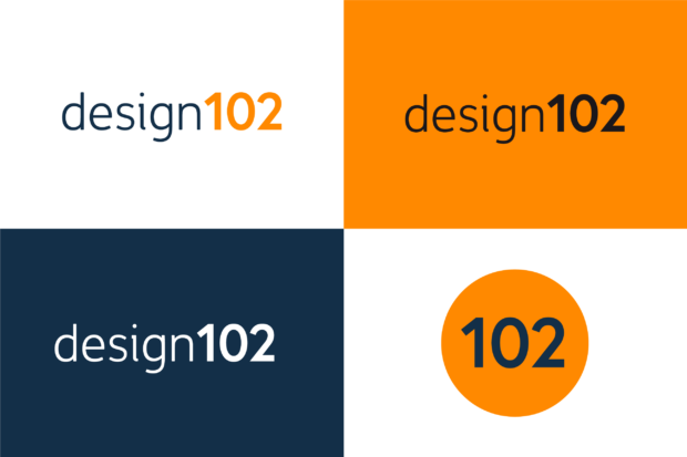 Four examples of the Design102 logo in use, including a colour (navy ‘design’, orange ‘102’) logo against a white background, a black text logo against an orange background, a white text logo against a navy background, and a favicon featuring an orange roundel with 102 in navy overlaid.