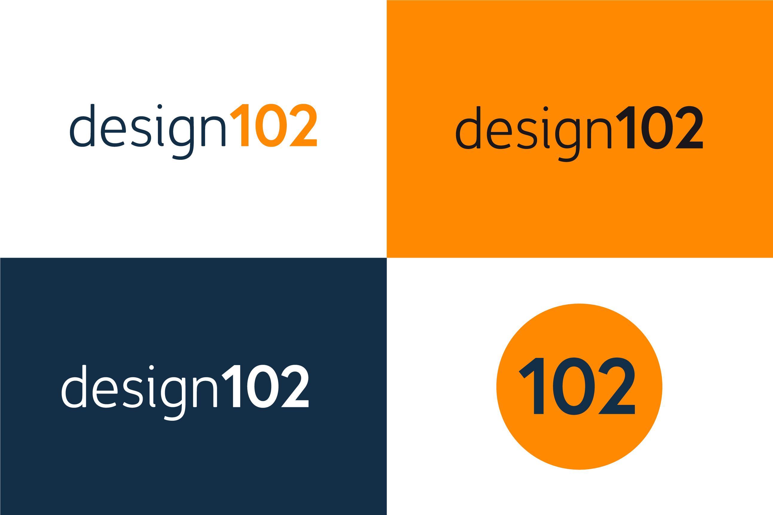 Four examples of the Design102 logo in use, including a colour (navy ‘design’, orange ‘102’) logo against a white background, a black text logo against an orange background, a white text logo against a navy background, and a favicon featuring an orange roundel with 102 in navy overlaid.
