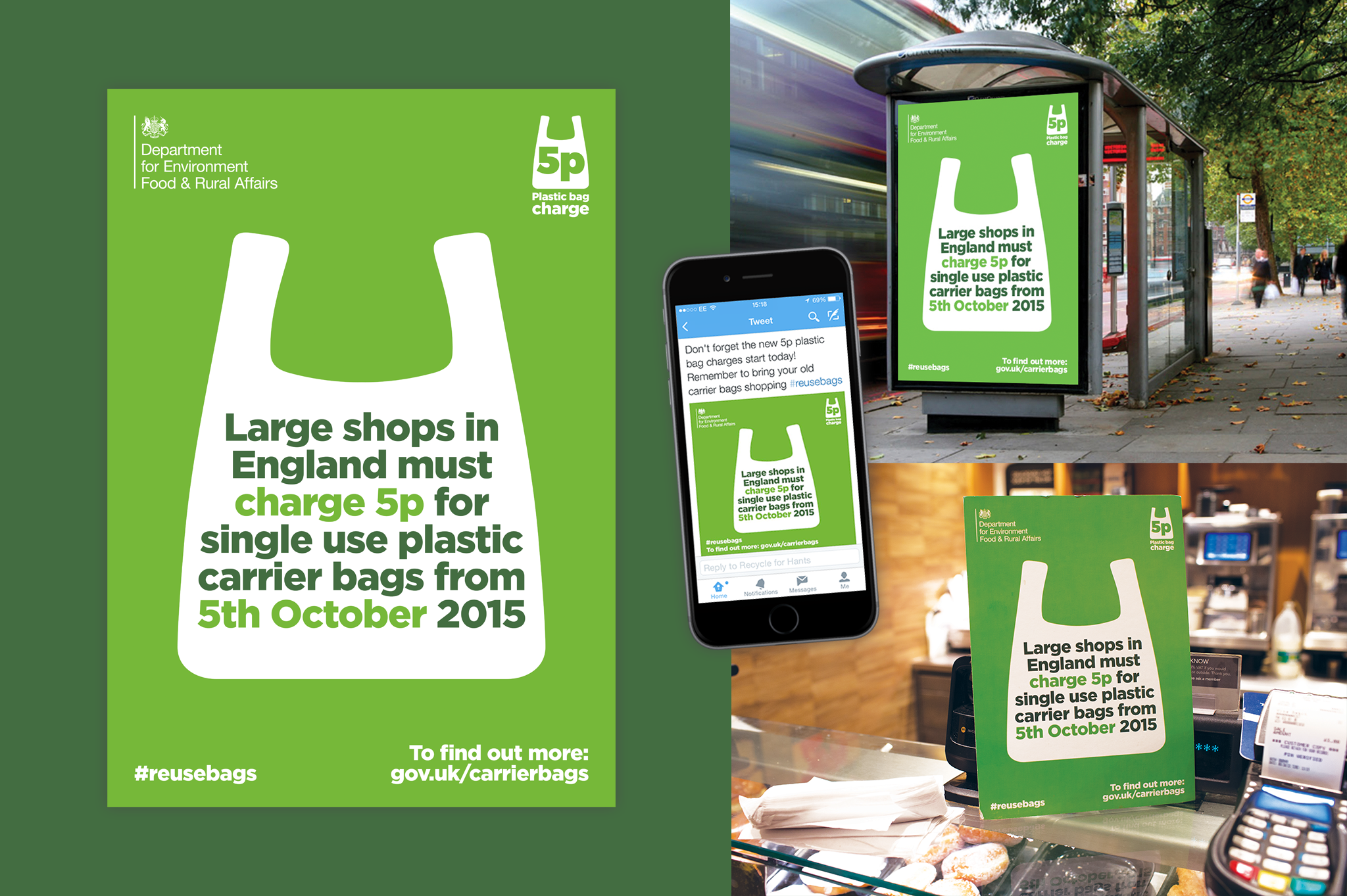DEFRA assets promoting the campaign for the introduction of 5p carrier bags incuding bus stop digital poster, social media advert, and shop based POS board