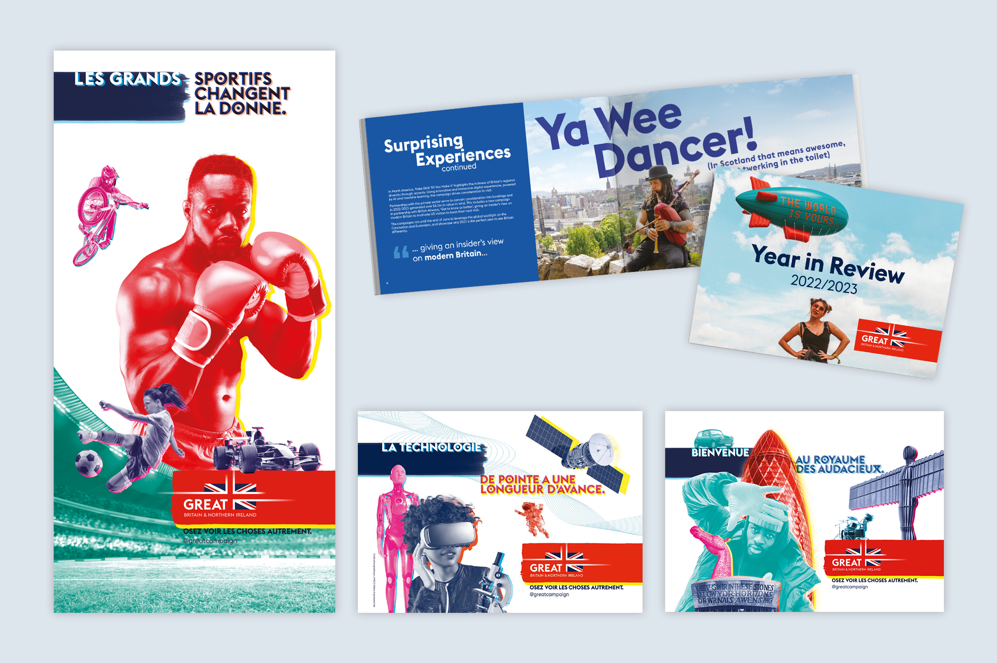 GREAT branded campaign assets including a Year in Review brochure and promotional posters for tourism