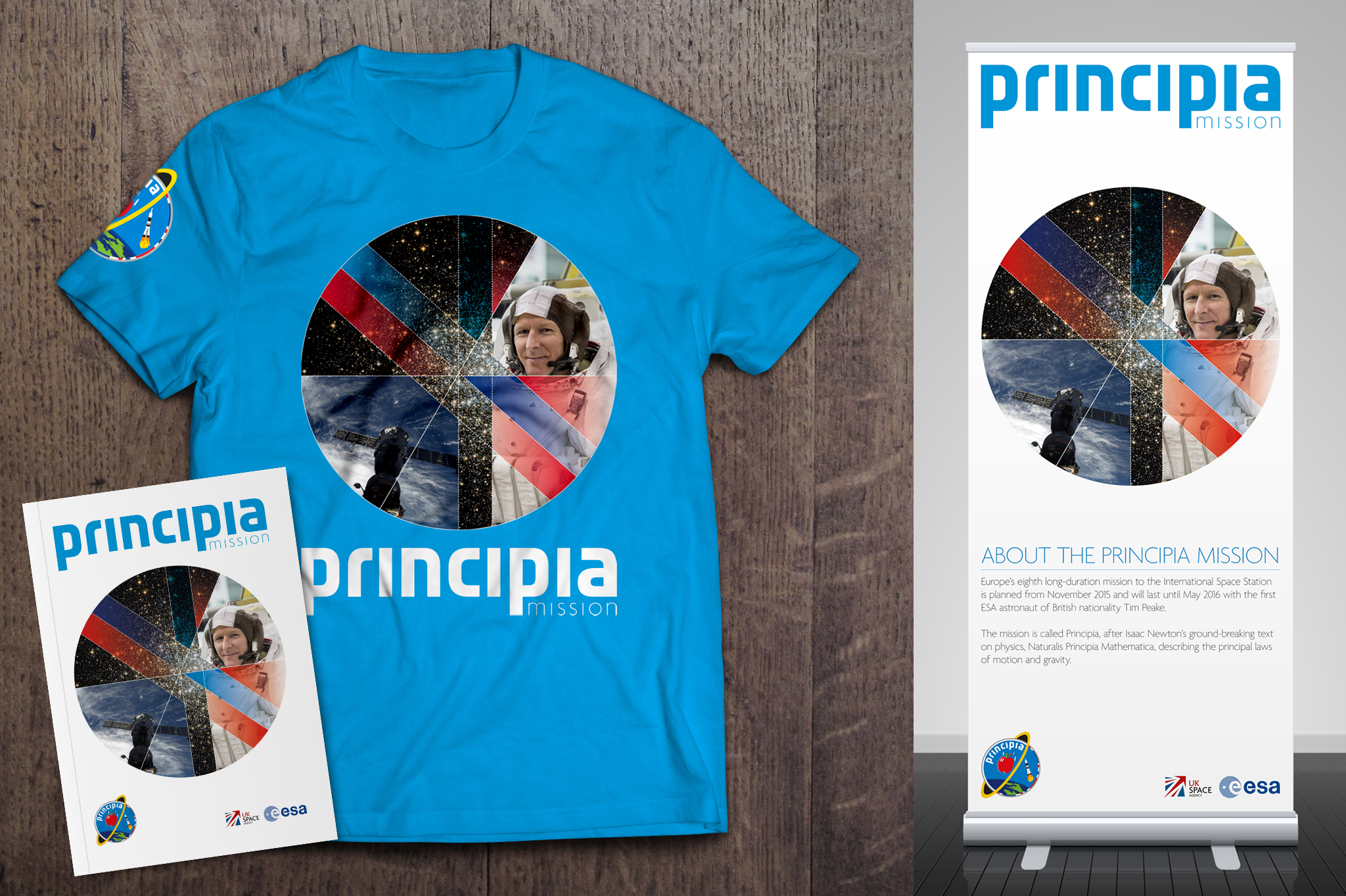 Principia branding on a t-shirt, brochure and pull up banner