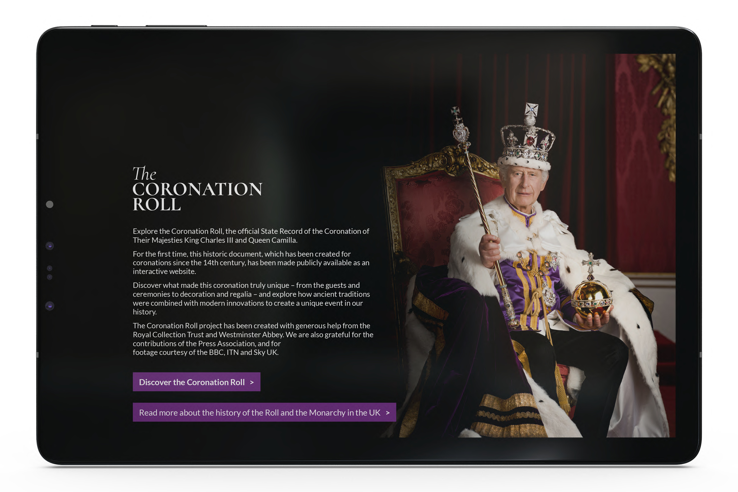 Mock up of the Coronation roll website homepage as it would appear on a desktop computer