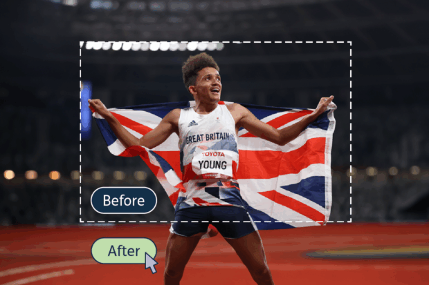 Composite image featuring an original photo at the centre (labelled ‘before’), of athlete's upper body against a background showing stadium seating, surrounded by an image extension using an AI ‘generative fill’ that has included a running track and added the lower part of the athlete’s body (labelled after).