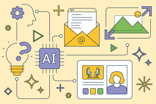Illustration in Design102 brand style representing a concept development process including AI.