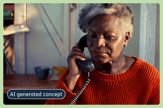 Concept image generated by AI of an older lady holding a telephone handset to her ear.