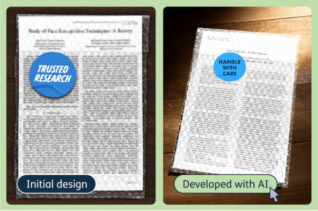 Two side by side images, one of an initial design and a second of the same image developed by AI. In both images, a research paper is shown, the first with a sticker indicating it’s trusted research, in the AI developed image the sticker instead says handle with care.