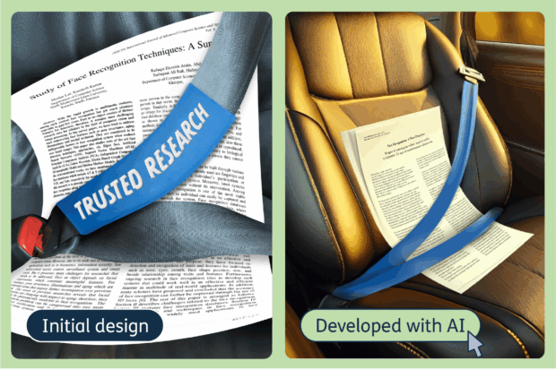 Two side by side images, one of an initial design and a second of the same image developed by AI. In both images, a research paper is shown on the seat of a vehicle, strapped in and protected by a seatbelt.